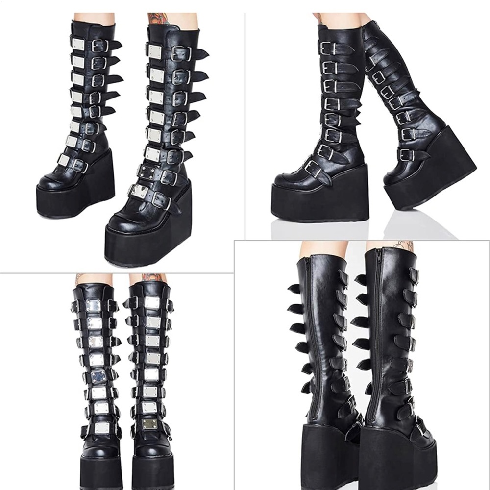 Goth Black Buckle Platform Boots